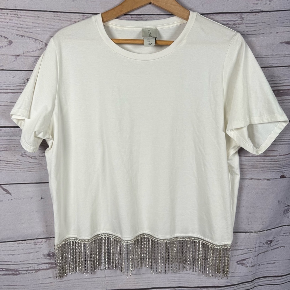 JOIE Womens White Cotton Top Tee Rhinestone Fringe Hem Short Sleeve Size L